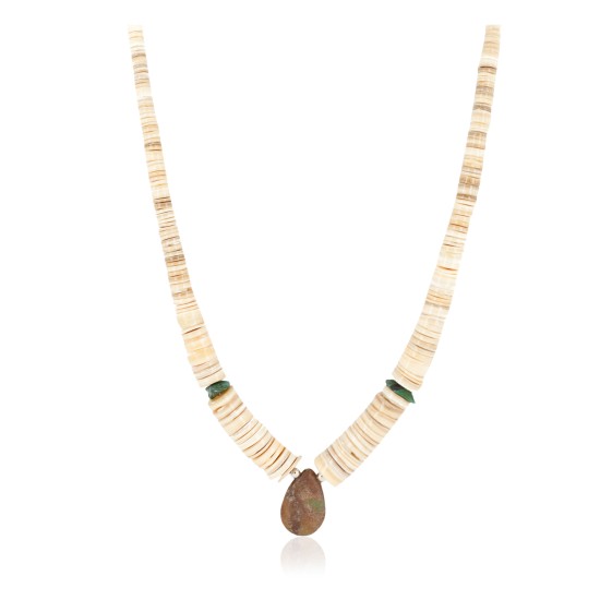 Certified Authentic Navajo .925 Sterling Silver Natural Graduated Melon Shell and Turquoise Native American Necklace 16073-3