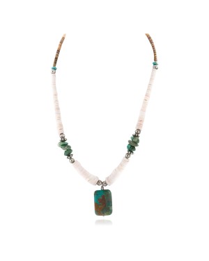 Certified Authentic Navajo .925 Sterling Silver Natural Graduated Melon Shell and Turquoise Native American Necklace  17081-5