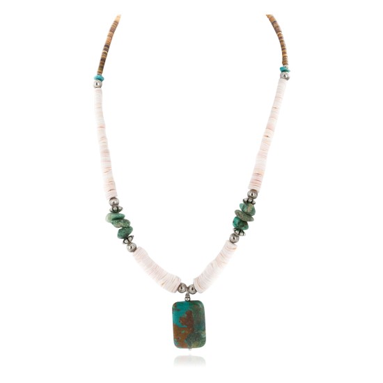 Certified Authentic Navajo .925 Sterling Silver Natural Graduated Melon Shell and Turquoise Native American Necklace  17081-5