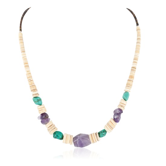 Certified Authentic Navajo .925 Sterling Silver Natural Graduated Melon Shell Turquoise Amethyst Native American Necklace 16078