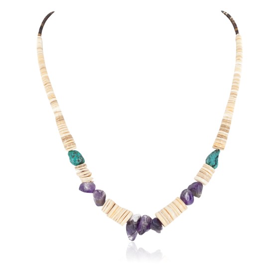 Certified Authentic Navajo .925 Sterling Silver Natural Graduated Melon Shell Turquoise Amethyst Native American Necklace 16080-2
