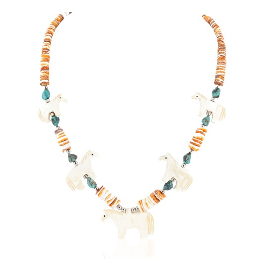Certified Authentic Navajo .925 Sterling Silver Natural Graduated Melon Shell Turquoise Bone Native American Necklace 750180