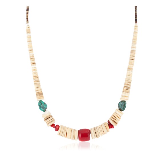Certified Authentic Navajo .925 Sterling Silver Natural Graduated Melon Shell Turquoise Coral Native American Necklace 16080-3