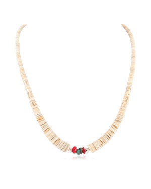 Certified Authentic Navajo .925 Sterling Silver Natural Graduated Melon Shell Turquoise Coral Native American Necklace 7501014-1