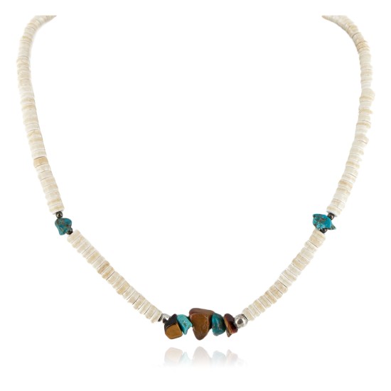 Certified Authentic Navajo .925 Sterling Silver Natural Graduated Melon Shell Turquoise Tigers Eye Native American Necklace 15624-18