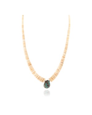 Certified Authentic Navajo .925 Sterling Silver Natural Graduated Melon Shell with Turquoise Native American Necklace 17081-1