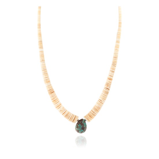 Certified Authentic Navajo .925 Sterling Silver Natural Graduated Melon Shell with Turquoise Native American Necklace 17081-1