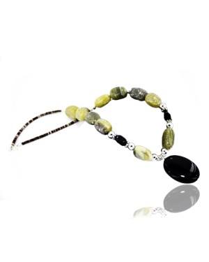Certified Authentic Navajo .925 Sterling Silver Natural Green Agate Black Onyx Native American Necklace 15799-11