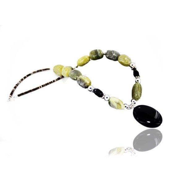 Certified Authentic Navajo .925 Sterling Silver Natural Green Agate Black Onyx Native American Necklace 15799-11