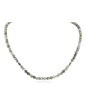 Certified Authentic Navajo .925 Sterling Silver Natural Hematite Green Jasper Native American Delicate Necklace Chain 15963-20
