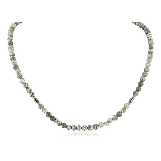 Certified Authentic Navajo .925 Sterling Silver Natural Hematite Green Jasper Native American Delicate Necklace Chain 15963-20
