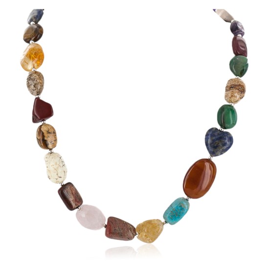 Certified Authentic Navajo .925 Sterling Silver Natural Jade Carnelian Red Jasper Quartz Amethyst Lapis Native American Necklace  750198-7