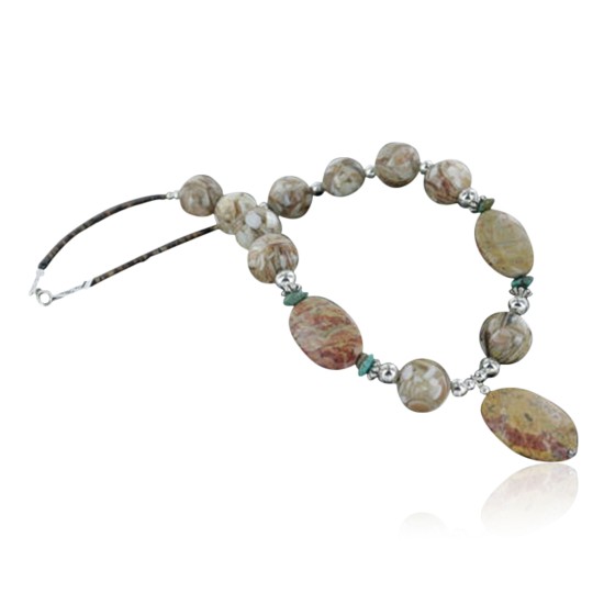 Certified Authentic Navajo .925 Sterling Silver Natural Mother Of Peral and Jasper Native American Necklace 15383-23
