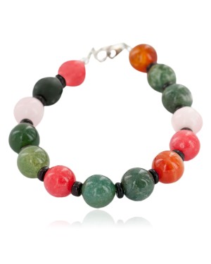 Certified Authentic Navajo .925 Sterling Silver Natural Multicolor Stones Jade Pink Quartz Carnelian Native American Bracelet 13038-10