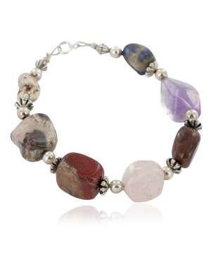 Certified Authentic Navajo .925 Sterling Silver Natural Multicolor Stones Native American Bracelet 12742