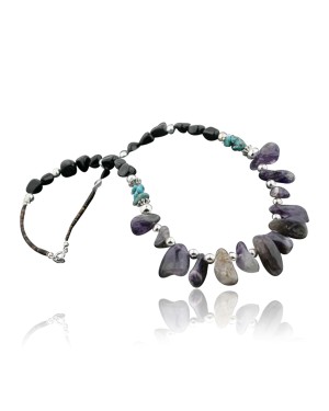 Certified Authentic Navajo .925 Sterling Silver Natural Onyx Amethyst Turquoise Native American Necklace 390734637557