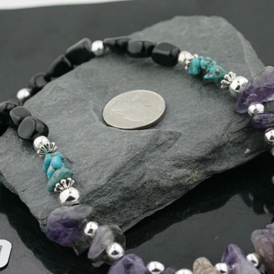 Certified Authentic Navajo .925 Sterling Silver Natural Onyx Amethyst Turquoise Native American Necklace 390734637557