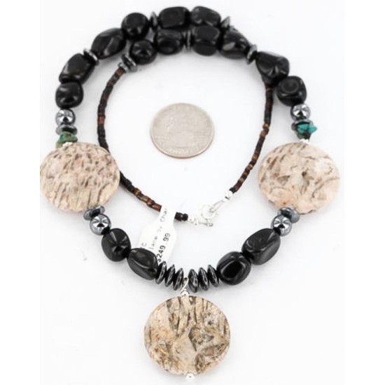Certified Authentic Navajo .925 Sterling Silver Natural Onyx Turquoise Jasper Native American Necklace 15896-2
