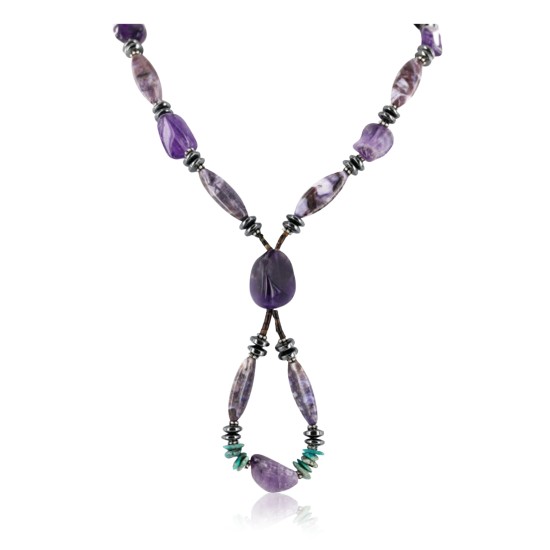 Certified Authentic Navajo .925 Sterling Silver Natural PURPLE AGATE AMETHYST TURQUOISE AND HEMATITE Native American Necklace 16001
