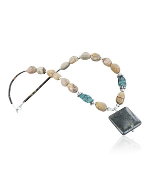 Certified Authentic Navajo .925 Sterling Silver Natural Stormy Turquoise and Agate Native American Necklace 15432-11