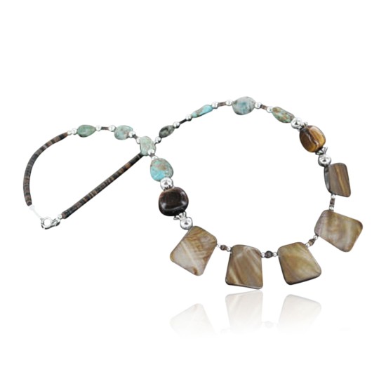 Certified Authentic Navajo .925 Sterling Silver Natural Tigers Eye and Turquoise Native American Necklace 15432-23