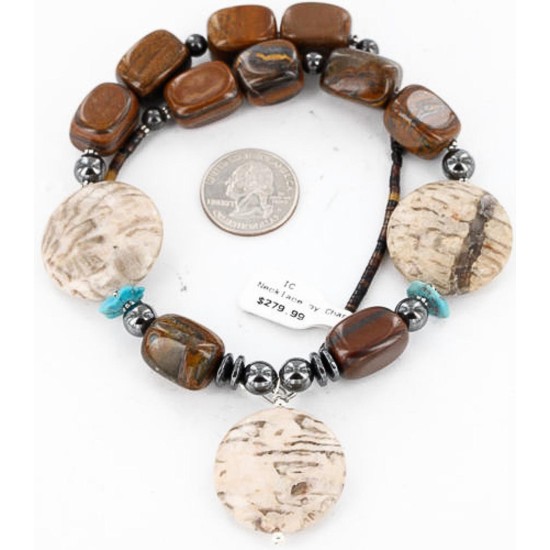 Certified Authentic Navajo .925 Sterling Silver Natural Tigers Eye Jasper Hematite Native American Necklace 15890-5