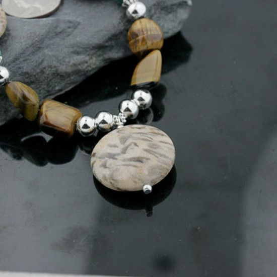 Certified Authentic Navajo .925 Sterling Silver Natural Tigers Eye Jasper Turquoise Native American Necklace 390732458105