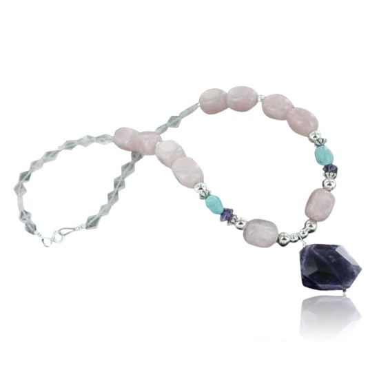 Certified Authentic Navajo .925 Sterling Silver Natural Turquoise Agate Amethyst Native American Necklace 390675692060
