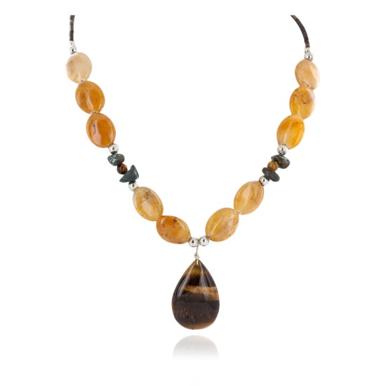 Certified Authentic Navajo .925 Sterling Silver Natural Turquoise Agate and Tigers Eye Native American Necklace 15465-26