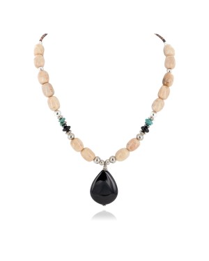 Certified Authentic Navajo .925 Sterling Silver Natural Turquoise Agate Black Onyx Native American Necklace 25289-66