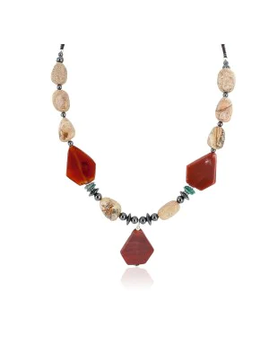 Navajo .925 Sterling Silver Natural Turquoise Agate Carnelian Hematite Native American Necklace 16092-3