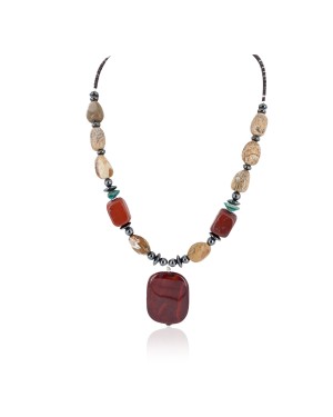 Certified Authentic Navajo .925 Sterling Silver Natural Turquoise Agate Red Jasper Hematite Native American Necklace 16092-1