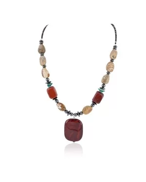 Navajo .925 Sterling Silver Natural Turquoise Agate Red Jasper Hematite Native American Necklace 16092-1
