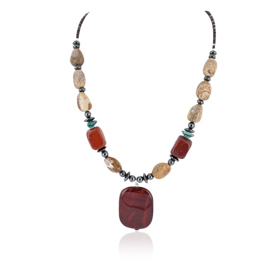 Certified Authentic Navajo .925 Sterling Silver Natural Turquoise Agate Red Jasper Hematite Native American Necklace 16092-1