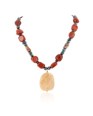 Certified Authentic Navajo .925 Sterling Silver Natural Turquoise Agate Red Jasper Hematite Native American Necklace  18072-101
