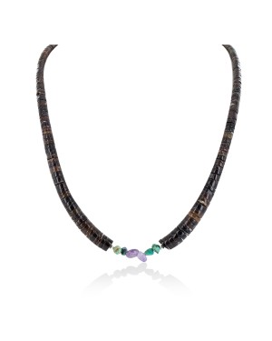 Certified Authentic Navajo .925 Sterling Silver Natural Turquoise Amethyst Heishi Native American Necklace 25285-3