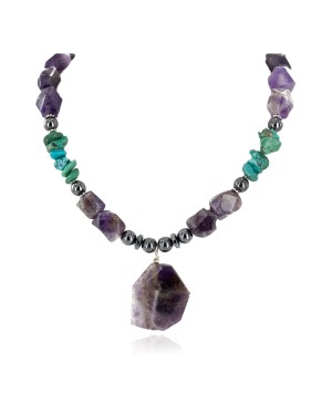 Certified Authentic Navajo .925 Sterling Silver Natural Turquoise Amethyst Hematite Native American Necklace 34057