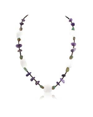 Certified Authentic Navajo .925 Sterling Silver Natural Turquoise Amethyst Mother of Pearl Native American Necklace 18189