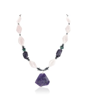 Certified Authentic Navajo .925 Sterling Silver Natural Turquoise Amethyst Pink Quartz Hematite Native American Necklace 16092-8