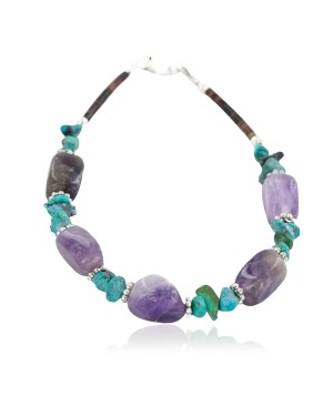 Certified Authentic Navajo .925 Sterling Silver Natural Turquoise and Amethyst Native American Bracelet 12891-1