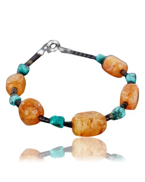 Certified Authentic Navajo .925 Sterling Silver Natural Turquoise and Carnelian Native American Bracelet 390749514692