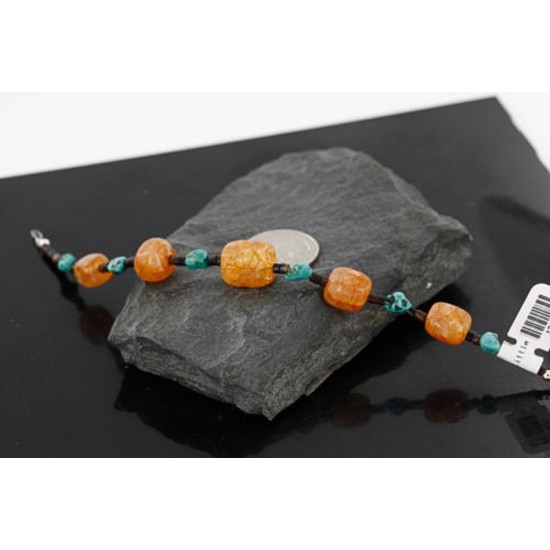 Certified Authentic Navajo .925 Sterling Silver Natural Turquoise and Carnelian Native American Bracelet 390749514692