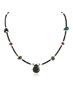 Certified Authentic Navajo .925 Sterling Silver Natural Turquoise and Coral Drop Native American Necklace 750172