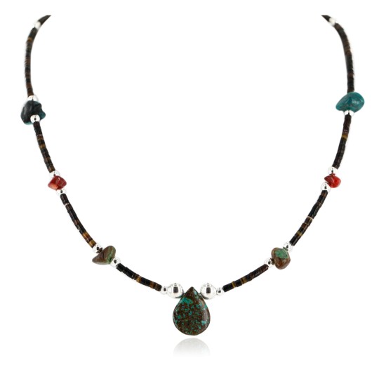 Certified Authentic Navajo .925 Sterling Silver Natural Turquoise and Coral Drop Native American Necklace 750172
