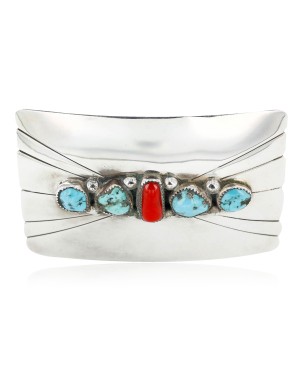 Certified Authentic Navajo .925 Sterling Silver Natural Turquoise and Coral Native American Buckle 1195