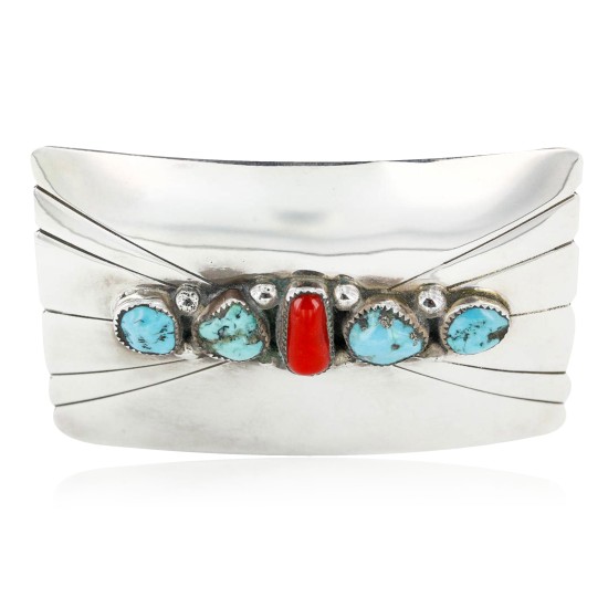 Certified Authentic Navajo .925 Sterling Silver Natural Turquoise and Coral Native American Buckle 1195