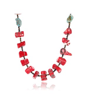 Certified Authentic Navajo .925 Sterling Silver Natural Turquoise and Coral Native American Necklace 15800-21