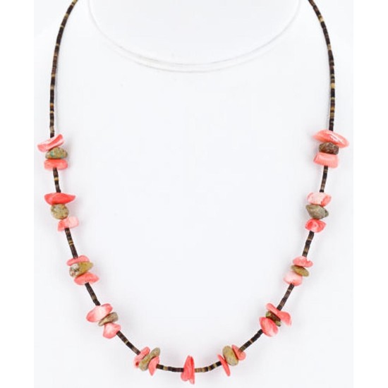 Certified Authentic Navajo .925 Sterling Silver Natural Turquoise and Coral Native American Necklace 15883-8