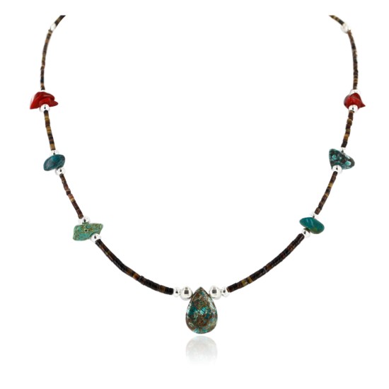 Certified Authentic Navajo .925 Sterling Silver Natural Turquoise and Coral Native American Necklace 750173