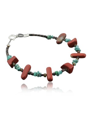 Certified Authentic Navajo .925 Sterling Silver Natural Turquoise and Jasper Native American Bracelet 390734396042